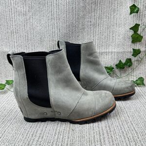 Sorel Lea Ankle Boot Lea Gray Leather Wedge Round Toe Pull On Size US 9.5